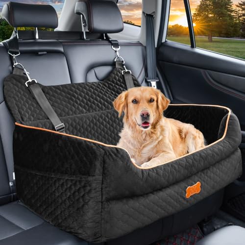 Dog Car Seat for Large/Medium Dog - Memory Foam Dog Booster Seat for Dogs Under 55Lbs or 2 Small Dogs-Detachable and Washable Travel Bed Dog Seat with Thick Cushion and Storage Pockets-Black