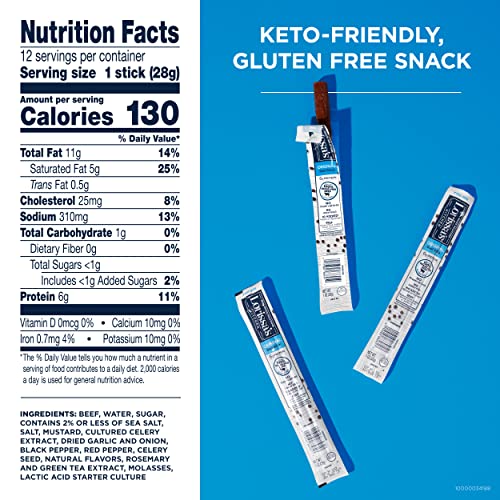 Lorissa's Kitchen Grass-Fed Beef Jerky Meat Snack Sticks - Keto Friendly, Gluten Free, No Added Nitrites or Nitrates, Original Flavor, 1 oz. Pack of 12