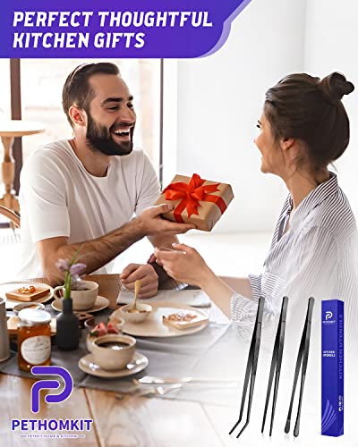 3 Pcs Kitchen Long Tweezers Tongs, 10 In Stainless Steel Fine Tweezers Set, Professional Food Tweezers Tongs for Cooking, Baking, Repairing, Pet Feeding, Art(BLACK)