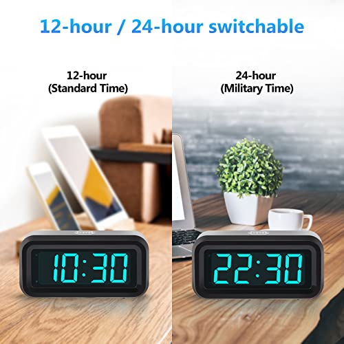 Timegyro Digital Alarm Clock Battery Operated with LED Display for Bedrooms, Long Battery Life, 3 Brightness Adjustable, 12/24 Hour, Snooze, Black Case with Blue Digits