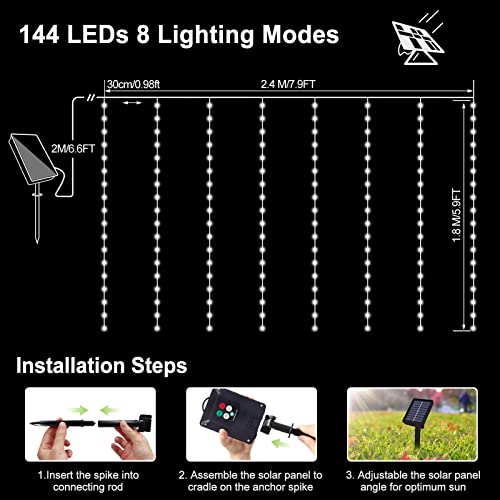 echosari Christmas Curtain Lights Solar Powered 7.9ft x 6ft 144 LED Outdoor Curtain Lights Waterproof with Timer 8 Modes for Christmas Garden Patio Fence Wedding Wall Window Gazebo Decor Cool White