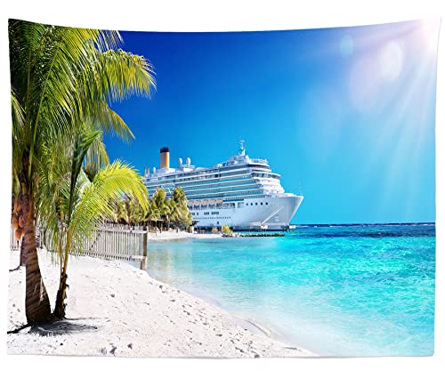 CORFOTO 5x3ft Cruise Ship Backdrop Caribbean Sea Background Palm Trees Tropical Beach Island Photography Backdrops Summer Cruise Travel Party Supplies Ocean Cruise Birthday Props Photoshoot Fabric