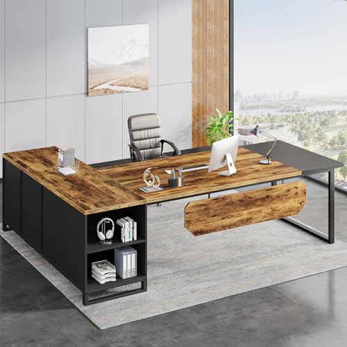 Tribesigns 70.8" Executive Desk with 55" File Cabinet, Modern L Shaped Computer Desk with Storage Shelves and Cabinet, Large L Shaped Executive Desk for Home Office, Beige & Walnut