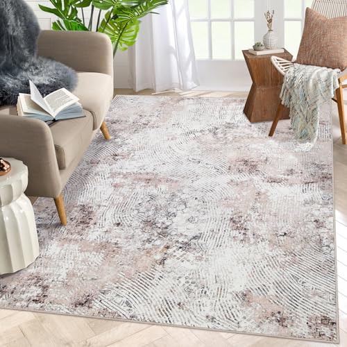 Modern Abstract Area Rug 9x12 Large Soft Machine Washable Rug Non-Slip Living Room Rug Stain Resistance Low Pile Accent Indoor Floor Carpet for Bedroom Dining Room Office Nursery (BeigePink, 9'x12')