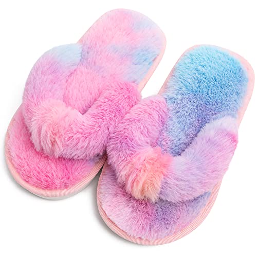 techcity Boys Girls Fuzzy Flip Flop Slippers Kids Cute Soft Comfy Open Toe Fluffy Slip On Thong Flat Sandals House Home Fur Slides Indoor Outdoor (9-10, Rainbow, numeric_9)