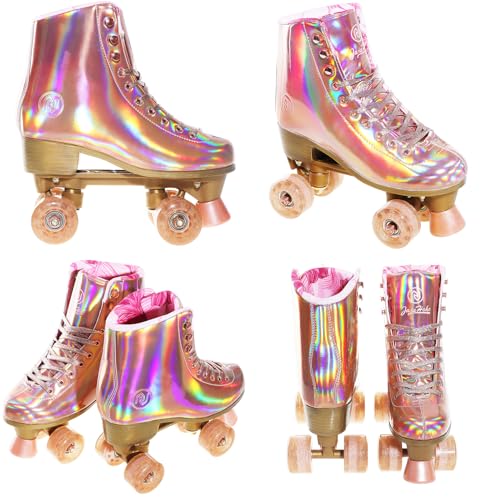 JajaHoho Roller Skates for Women, Holographic High Top PU Leather Rollerskates, Shiny Double-Row Four Pink Glitter Wheels Quad Skates for Girls and Age 8-50 Indoor Outdoor (Size 1, Rose Gold)