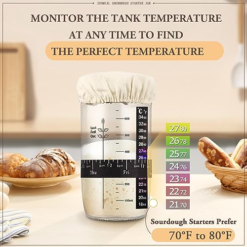 zunmial Sourdough Starter Jar, Sourdough Starter Kit with Date Marked Feeding Band, Thermometer, Cloth Cover & Metal Lid, Reusable Sourdough Bread Baking Supplies, Home Baking Supplies