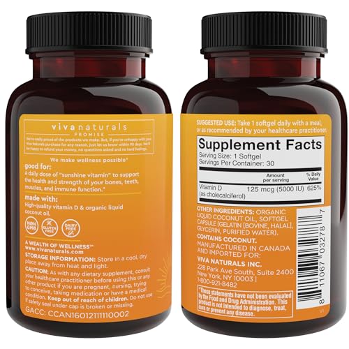 D3 Vitamin 5000 IU Softgels (125 mcg), 30 Softgels - High Potency Vitamin D Supplements for Healthy Immune Function, Bones & Muscles - Made with Organic Liquid Coconut Oil