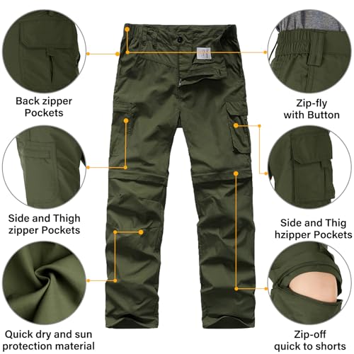 linlon Kids' Cargo Pants, Boy's Casual Outdoor Quick Dry Waterproof Hiking Climbing Convertible Trousers #9016-Army Green-XXS