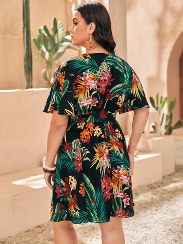 Floerns Women's Plus Size Tropical Print V Neck Short Sleeve Belted Short Dress Black Multi 0XL