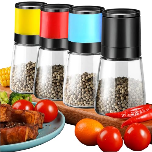 ANDONG Salt and Pepper Grinder Set of 4,Salt Grinder Refillable Manual,Pepper Mill Salt Mill with Adjustable Coarseness,Glass Salt and Pepper Shakers Set with Lids