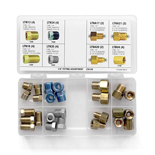 4LIFETIMELINES - Fitting Assortment Kit 1/4" Tube Nut, Union, Adapter; Brake System Line Repair, 8 Popular SKUs, Shatterproof Tackle Box, 16 Tube Nuts, 6 Adapters, 4 Unions