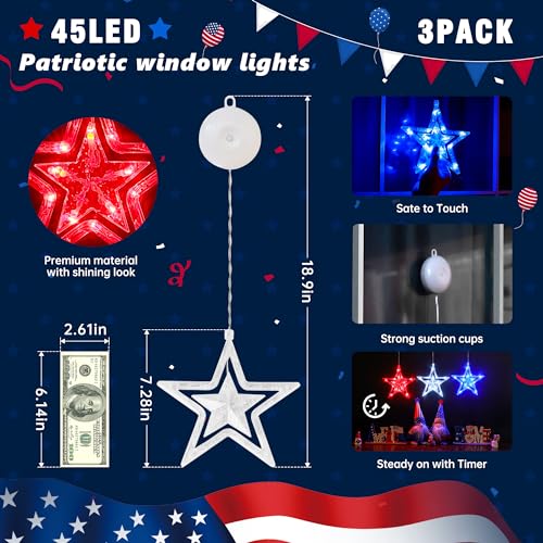 oopswow Red White and Blue Lights,3 Pack 45LED 4th of July Patriotic Lights with Timer Function,Battery Operated Star Lights for Window,Fourth of July Decoration,Independence day,Labor Memorial Day