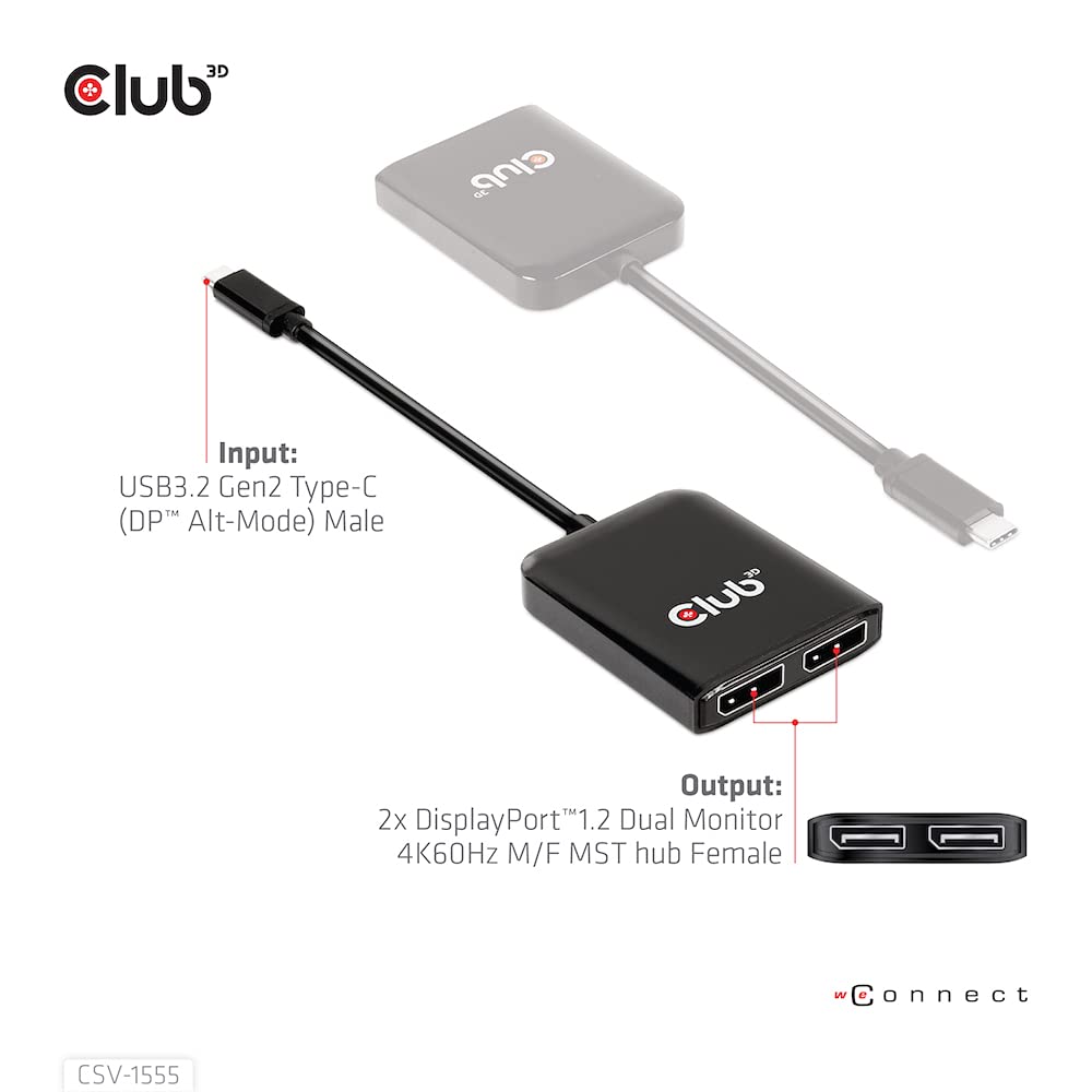 Club 3D CSV-1555 USB3.2 Gen2 Type-C(DP Alt-Mode) to DisplayPort Dual Monitor 4K60Hz M/F MST hub