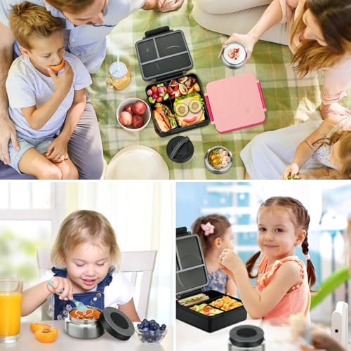 Bento Lunch Box Set for Kids with 8oz Soup Thermo, Leak-Proof Lunch Containers with 4 Compartment, Kids Thermo Hot Food Jar and Insulated Lunch Bag for Kids to School-Black