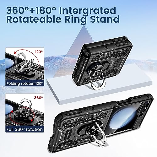 VEGO for Galaxy Z Flip 5 Case with Stand, 360°Ring Magnetic Ring Kickstand & Belt Clip Holster & Camera Screen Protector & Hinge Protection, Shockproof Case for Samsung Flip 5 5G - Black