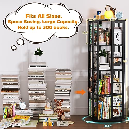 Aheaplus Rotating Bookshelf, Corner Bookshelf, 360 Display Wood Spinning Bookshelf, Floor Standing Bookcase Narrow Shelf Revolving Organizer Storage Rack for Small Space, Bedroom, Study Room, Black