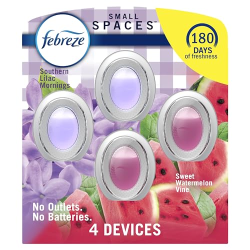 Febreze Small Spaces Air Freshener, Odor-Fighting, Plug In Alternative, for Home and Bathroom and Kitchen, Closet Air Fresheners, Sweet Watermelon Vine & Southern Lilac Mornings Scent, 4 Count