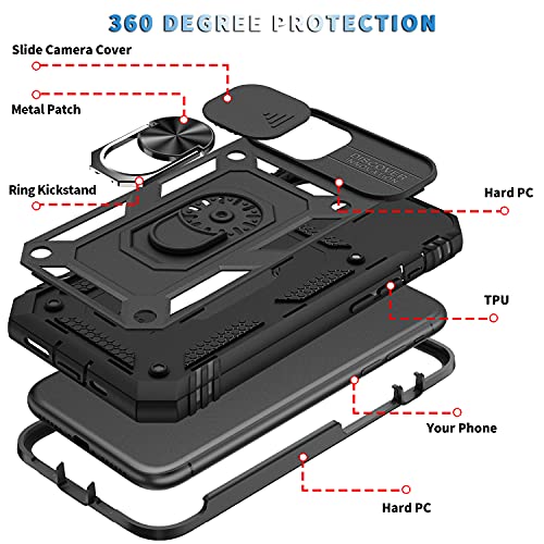 PASNEW for iPhone 11 Case with Camera Cover,Magnetic Ring Kickstand & Charge Port Dustproof,Military Full Body Rugged Shockproof Protective Hard Shell for iPhone 11,6.1 inch,Black