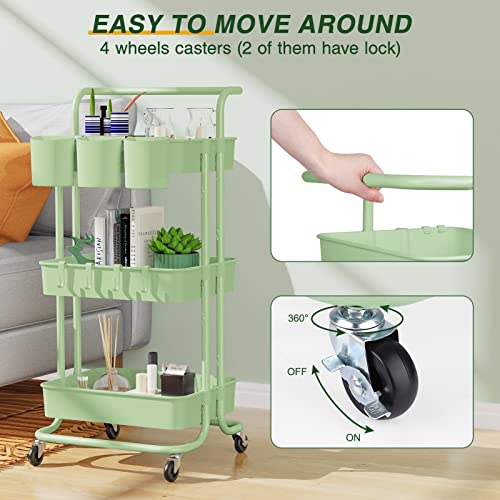 LEHOM 3-Tier Rolling Mobile Utility Cart with Hanging Cups & Hooks & Handle Multifunctional Organizer Storage Trolley Service Cart with Wheels Easy Assembly for Office, Bathroom, Kitchen (Green)