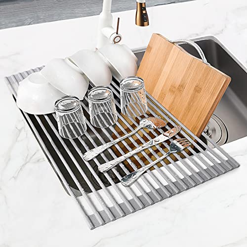 MERRYBOX Roll Up Over The Sink Dish Drying Rack Silicone Wrapped Foldable, Heat-Resistant, Anti-Slip Sink Rack Multipurpose Dish Drainer for Kitchen Sink Counter - Grey, 17.5" x 11"