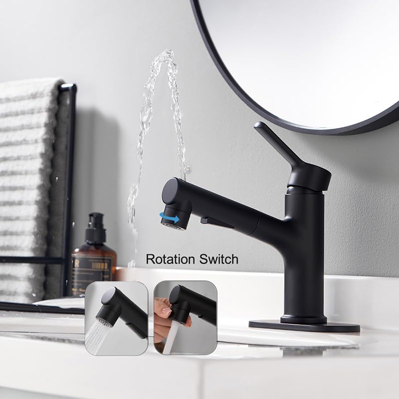 LAZ HOME Bathroom Sink Faucet with Pull Out Sprayer,Three Water Flow Modes Brass Single Handle Black Bathroom Basin Faucet for Hot and Cold Water Vanity Basin Faucet