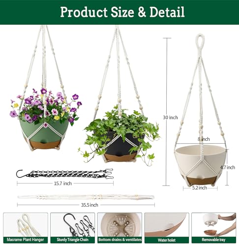 Koalaime 3 Pack Hanging Planters Set, 8 Inch Indoor Outdoor Hanging Plant Pot Basket,Hanging Flower Pot with Drainage Hole with 3 Hooks for Garden Home(8 inch Combination)
