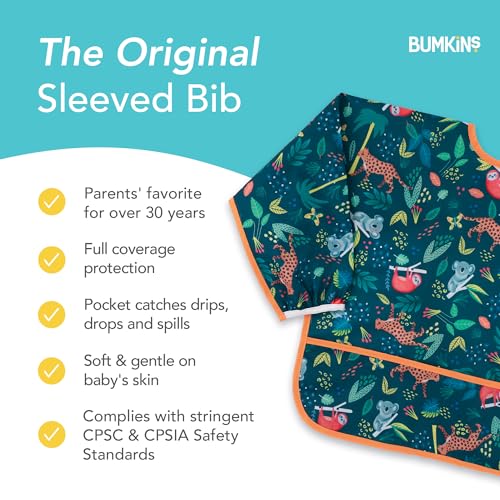 Bumkins Sleeved Bib for Girl or Boy, Baby and Toddler for 6-24 Mos, Essential Must Have for Eating, Feeding, Baby Led Weaning Supplies, Long Sleeve Mess Saving Food Catcher, Soft Fabric, Jungle