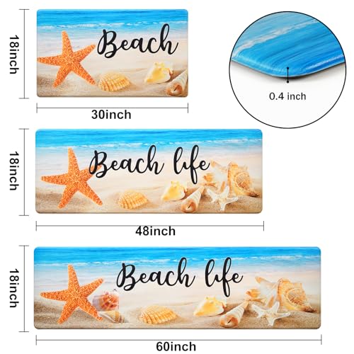 ASPMIZ Coastal Beach Kitchen Floor Mat, Ocean Cushioned Kitchen Mats Rug Non Slip Washable, Sea Shell Waterproof Memory Foam Comfort Rugs PVC Standing for Home Sink, 18"x 30" + 18" x 48" + 18" x 60"