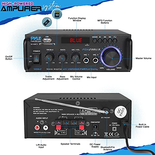 Pyle Stereo Power Amplifier 200 W Peak w/ Bluetooth Wireless, LED Display, Dual Channel Audio Stereo Receiver w/ RCA, USB, SD, MIC in, FM Radio, Perfect For Home Computer via RCA, PDA29BU.5