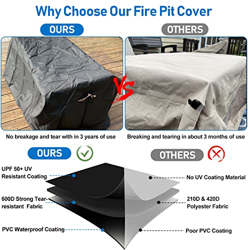 QH.HOME Fire Pit Cover Rectangular Super Waterproof 42" L x 24" W x 24" H, UPF 50+ Outdoor Fire Pit Table Cover 600D Strong Tear Resistant and Fading Resistant for Rectangular Fire Pit - Black