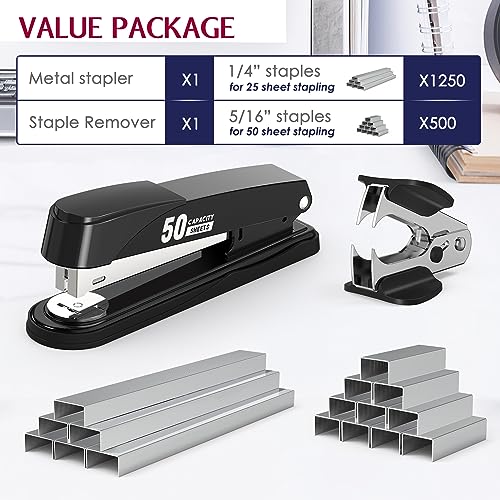 Metal Stapler Heavy Duty 50 Sheet Capacity with 1750 Staples and Staple Remover, Full Strip Staplers for Desk, No Jam, Non-slip Office Stapler with Staples for Office & Classroom, Black