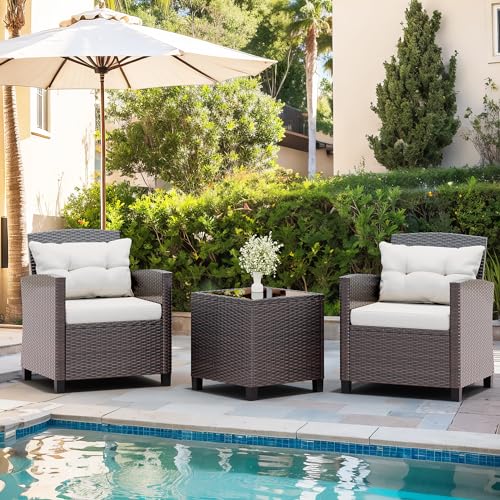 Vongrasig 3 Piece Patio Furniture Set Small Outdoor Wicker Rattan Front Porch Bistro Set Cushioned Patio Chairs Conversation Set with Glass Table for Lawn, Garden, Backyard, Balcony, Poolside (Beige)