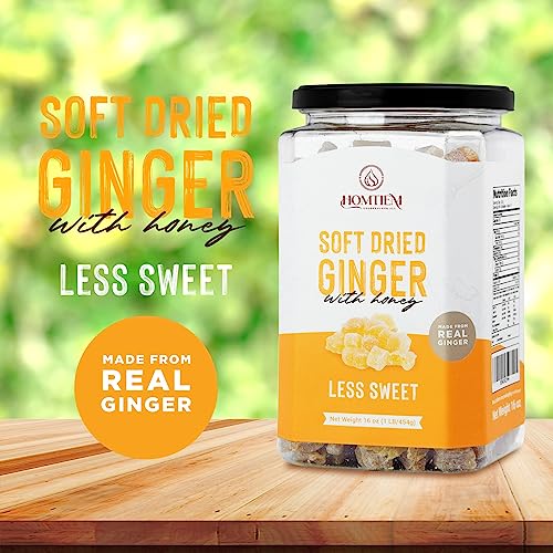 Homtiem Dried Crystallized Ginger Less Sweet (16 Ounce) Real Soft, Chews and Candied Delicious pieces Gingers, Easy to eat, No Artificial Colors, All-Natural and Preservative-Free(1 LB)