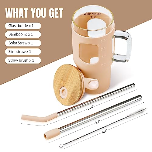 WINSA 24 oz Glass Tumbler with Lid and Straw, Iced Coffee Cup with Handle, Glass Water Bottles with Time Marker, 2 Straws - Pearl Straw & Drinking Straw Silicone Protective Sleeve-Amber