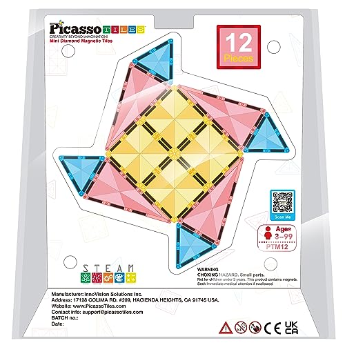 PicassoTiles Magnet Tile Building Blocks Mini Diamond Series Magnetized Toy Travel Size Compact Portable Magnetic Construction Block STEM Sensory Toy Early Education Learning Kids Ages 3+ PTM12