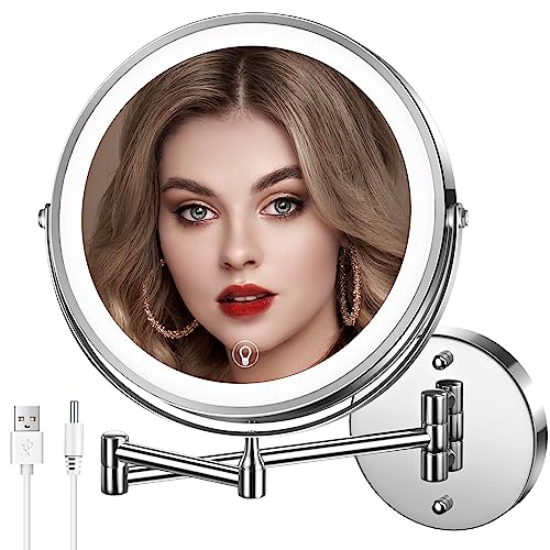 MNIENT Wall Mounted Lighted Makeup Mirror, 8" Rechargeable Double-Sided Magnifying Mirror 1x/10x, 3 Colors Led Vanity Mirror with Lights, Touch Dimmable 360° Rotation Foldable Light up Mirror