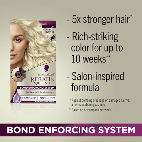 Schwarzkopf Keratin Blonde Hair Dye Platinum Blonde 001, Ultra Lightening Kit, 1 Application - Hair Bleach Enriched with Keratin, Lightens up to 9 Levels and Protects Hair from Breakage**