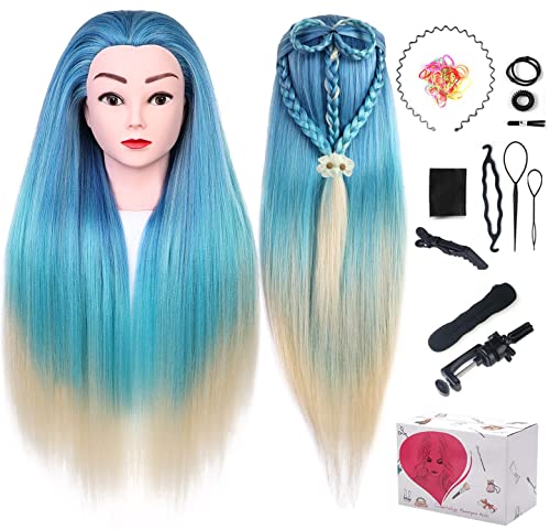 29.5 inch Mannequin Head with Hair, MYSWEETY Cosmetology Training Maniquins Head Synthetic Fiber Blue Hair Manikin Doll Head for Hair Styling Braiding Sytling with Clamp Holder + DIY Braiding Set