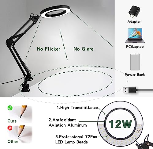 Nerefou Magnifying Glass with Light and Stand, 10X Magnifying Lamp, 2-in-1 Magnifying Desk Lamp with Clamp, 3 Color Mode, Magnifying Glasses with Light for Close Work (1st Generation Base ＆ Clamp)