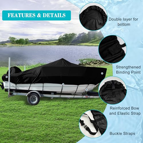 Comcaver Trailerable Boat Cover, Heavy Duty 800D 100% Waterproof Marine Grade Oxford Cloth, Weather Resistant Windproof UV & Tear-Resistant V-Hull Boat Cover, 14-16ft Long by 68in Wide, Black