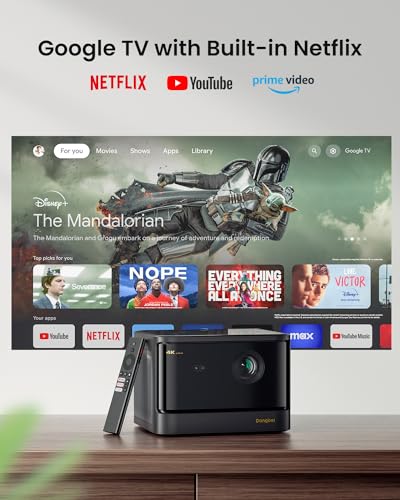 Dangbei DBOX02 4K Laser Projector GTV, 2450 ISO Lumens, Netflix Officially Licensed Home Theater Projector with WiFi and Bluetooth, HDR10+, 200-inch Picture, 2x12W DTS:X and Dolby Audio