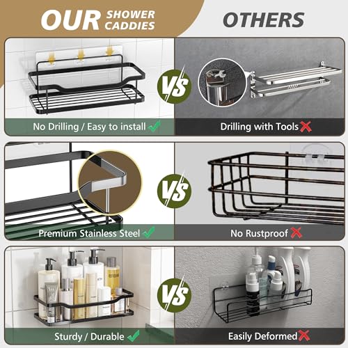 OMAIRA Shower Caddy, 2-Pack Adhesive Shower Organizer, No Drilling Rustproof 304 Stainless Steel Shower Shelves for Inside Shower & Bathroom Organizer, Matte Black (X-Large)