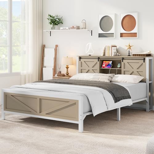 YITAHOME Farmhouse Queen Size Bed Frame with Headboard, Bookcase Shelves, Sliding Barn Door, Charging Station, Rustic Wood Platform Bed, No Box Spring Needed, Oak