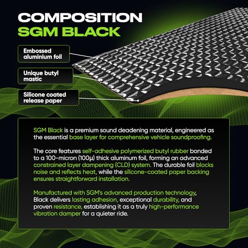 SGM Black Premium Car Sound Deadening Mat 80 mil (2mm) 10 sqft (0.92 sqm), Automotive Sound Deadener, Self Adhesive Butyl Car Sound Deadening Material, Audio Noise Insulation and Dampening Sheets