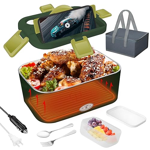 Electric Quick Heating Lunch Box for Adults, 1.8L Large 80W Fast Food Heater Lunch Box for Home/ Office/Work/Car/Truck, Portable Food Warmer with 304 Stainless Steel Container Carry Bag12V/24V/110V