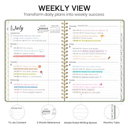 Planner 2024-2025, Academic Planner JUL 2024-JUN 2025, Weekly and Monthly Calendar Planner Book, Hardcover Teacher Planner 2024-2025 with Tabs, A5 (6.4" x 8.5") - Green