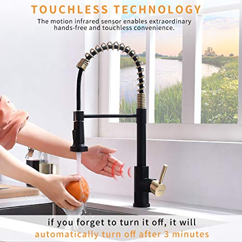 GIMILI Black and Gold Touchless Kitchen Faucet with Pull Down Sprayer, Motion Sensor Smart Hands-Free Activated Single Hole Spring Faucet for Kitchen Sink, Matte Black&Brushed Gold