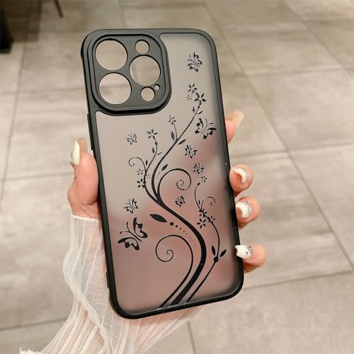 Weonmov for iPhone 12 Pro Case, Flowers Butterfly Slim Thin Hard PC Frosted Cover Soft TPU Bumper, Translucent Matte Shockproof Phone Case for Women Girls - Black (Floral Butterfly)