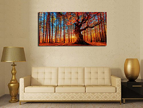 Large Forest Wall Art Forest Sunset Canvas Pictures Red Leaf Trees Landscape Canvas Artwork Contemporary Nature Picture for Living Room Bedroom Home Office Wall Decor Framed Ready to Hang 20" x 40"